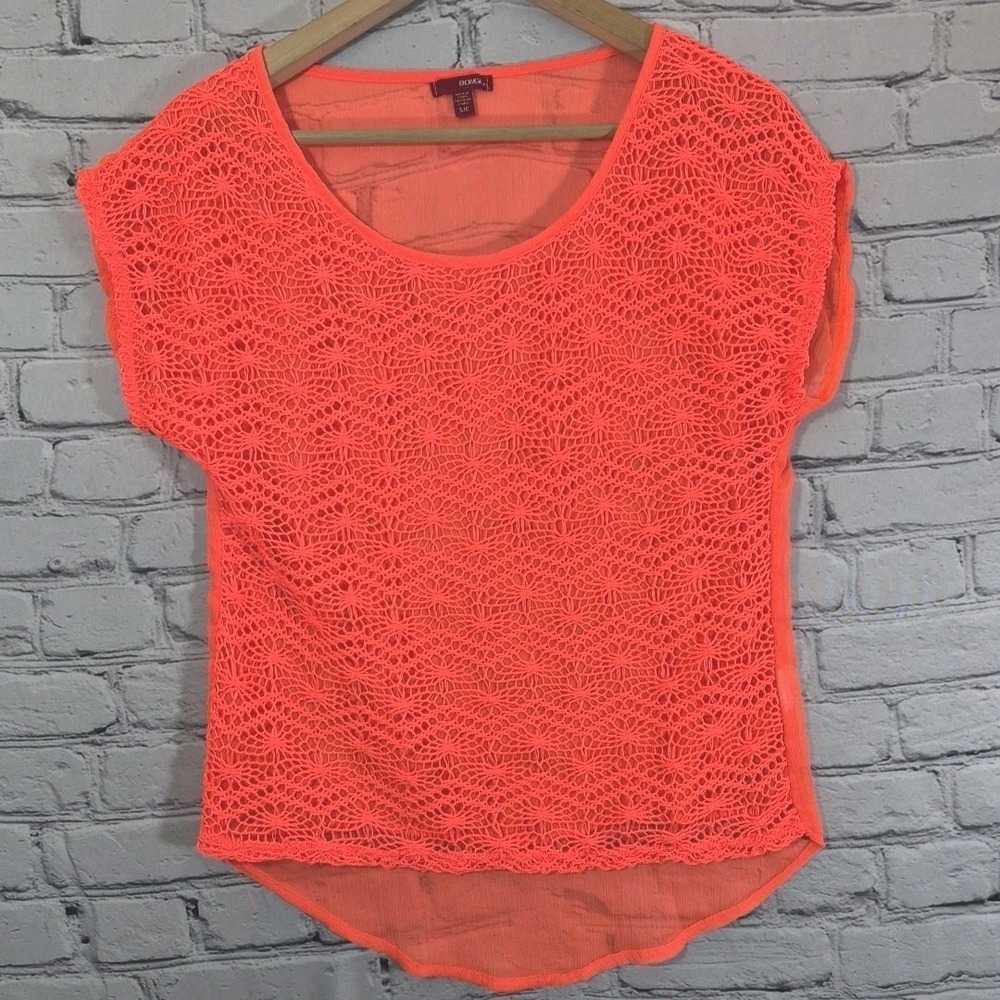 Y2K BONGO Layered Front‎ Lace Summer Top NEON ORANGE Junior Size Small